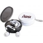 Earbuds in Round Travel Case