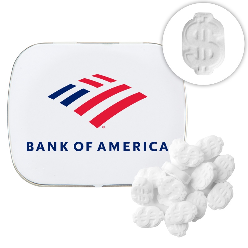 Domed Tin with Dollar Sign Shaped Mints