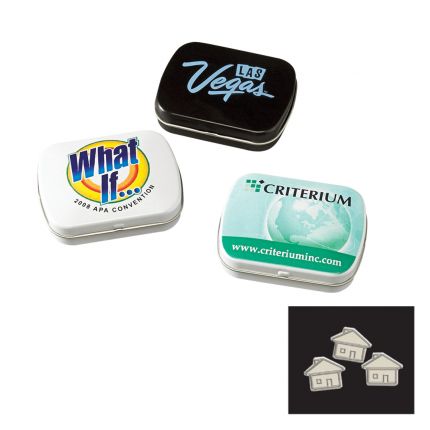 NC Custom: Domed Tin with House Shaped Mints. Supplied By: Chocolate Inn
