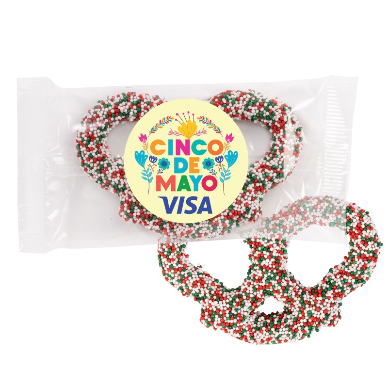 Milk Chocolate 3 Ring Pretzels-Red, White & Green