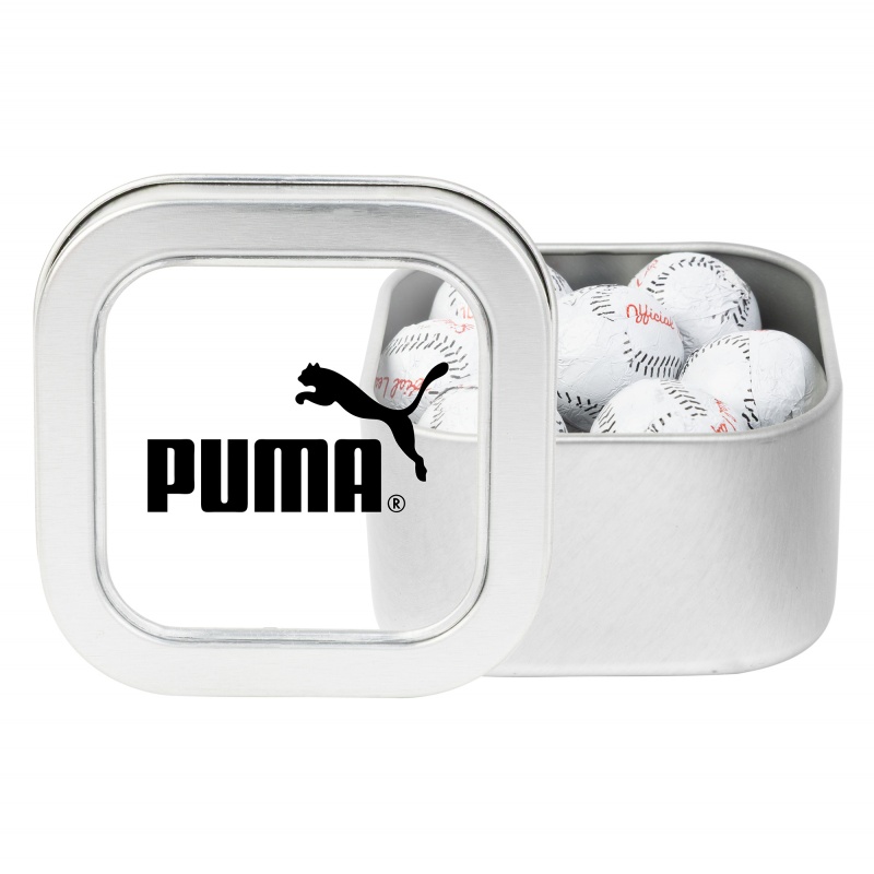 Window Tin with Chocolate Baseballs