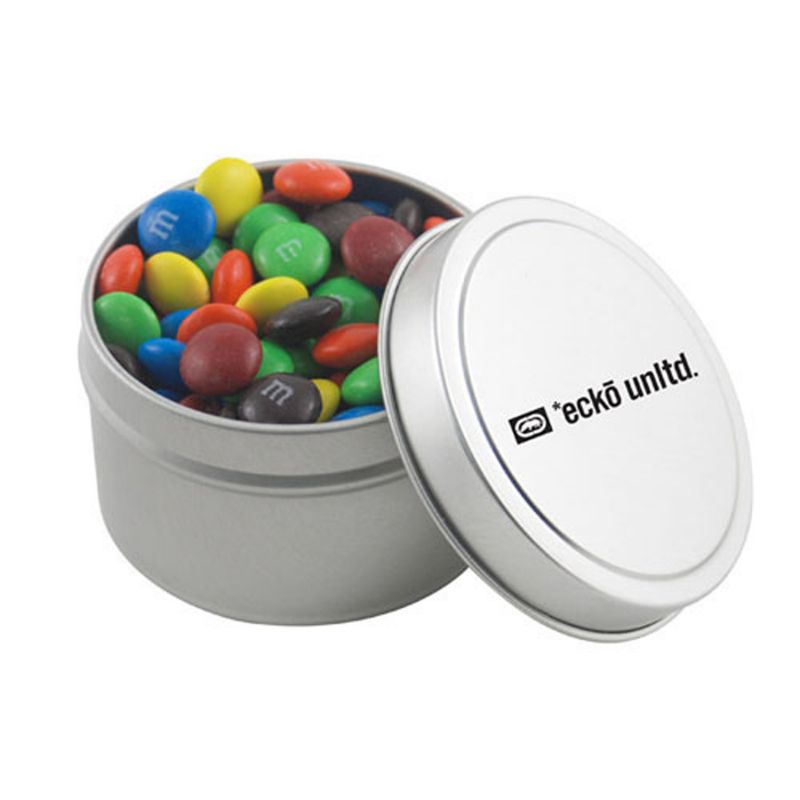 NC Custom: Round Tin with M&M's. Supplied By: Chocolate Inn