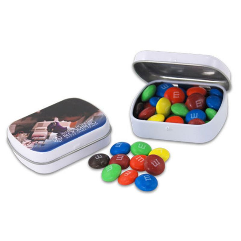 NC Custom: Mini Hinged Tin- M&M's. Supplied By: Chocolate Inn